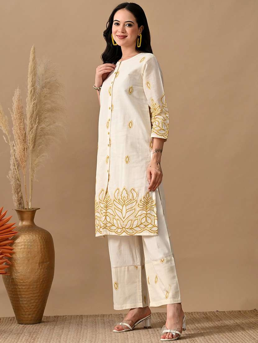 women embroidered three quarter sleeve kurta and pant set - 22017620 - Standard Image - 1