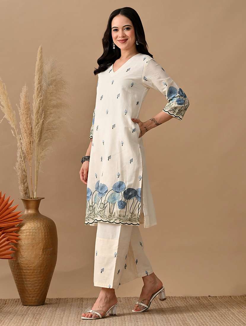 women embroidered three quarter sleeve kurta and pant set - 22017621 - Standard Image - 1