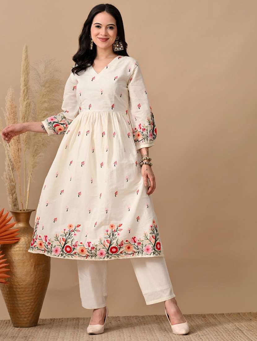 women embroidered three quarter sleeve kurta and pant set - 22017624 - Standard Image - 1