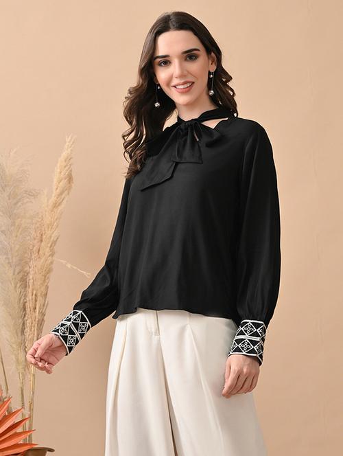 women black embroidered puff sleeve regular top - 22017633 - Standard Image - 0