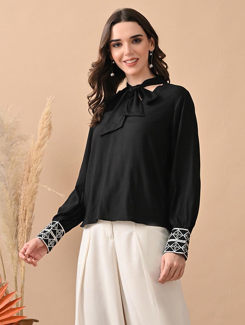 women black embroidered puff sleeve regular top - 22017633 - Zoom Image - 0