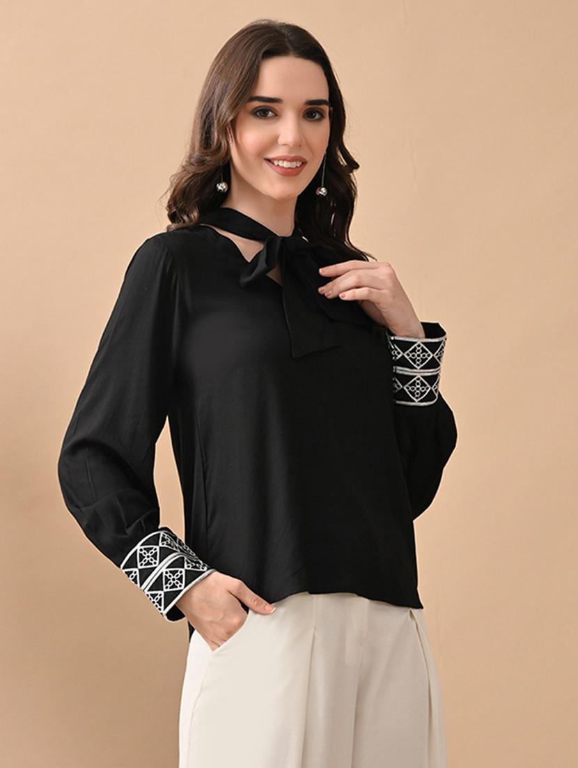 women black embroidered puff sleeve regular top - 22017633 - Standard Image - 1