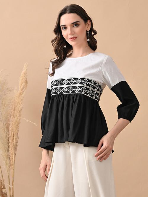 women color blocked puff sleeve flared top - 22017634 - Standard Image - 0