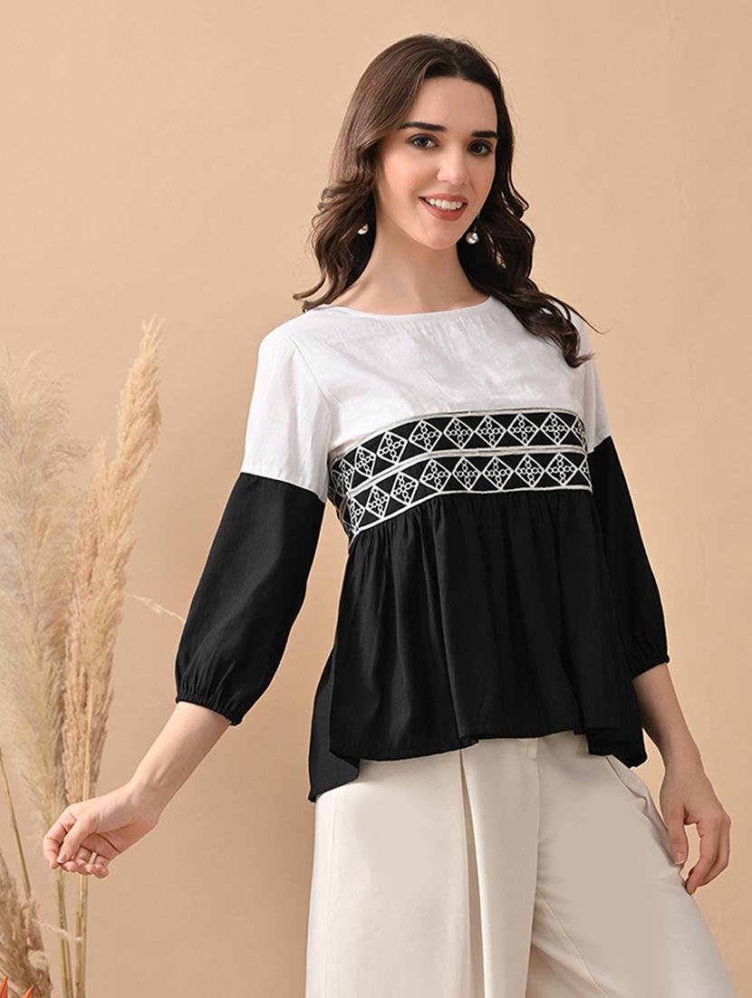 women color blocked puff sleeve flared top - 22017634 - Standard Image - 1