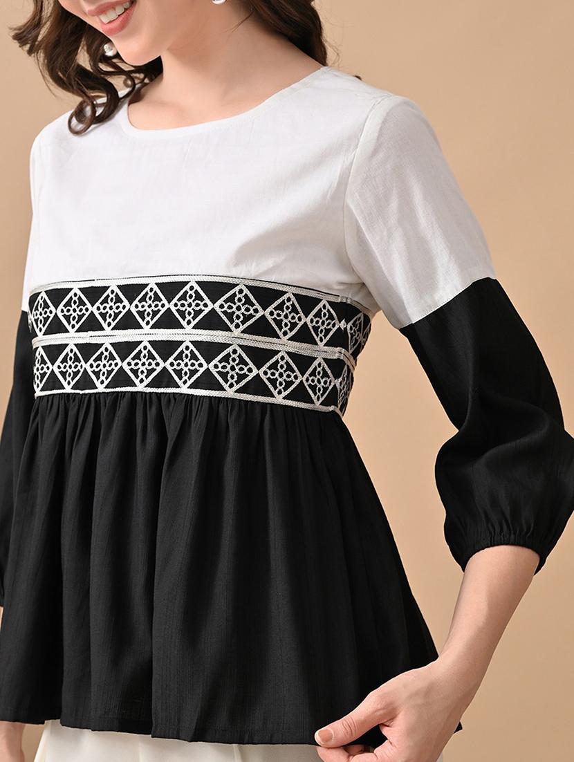 women color blocked puff sleeve flared top - 22017634 - Standard Image - 4