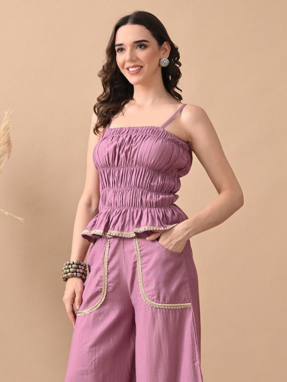 women solid smocked detailed shoulder strap top - 22017643 - Standard Image - 1