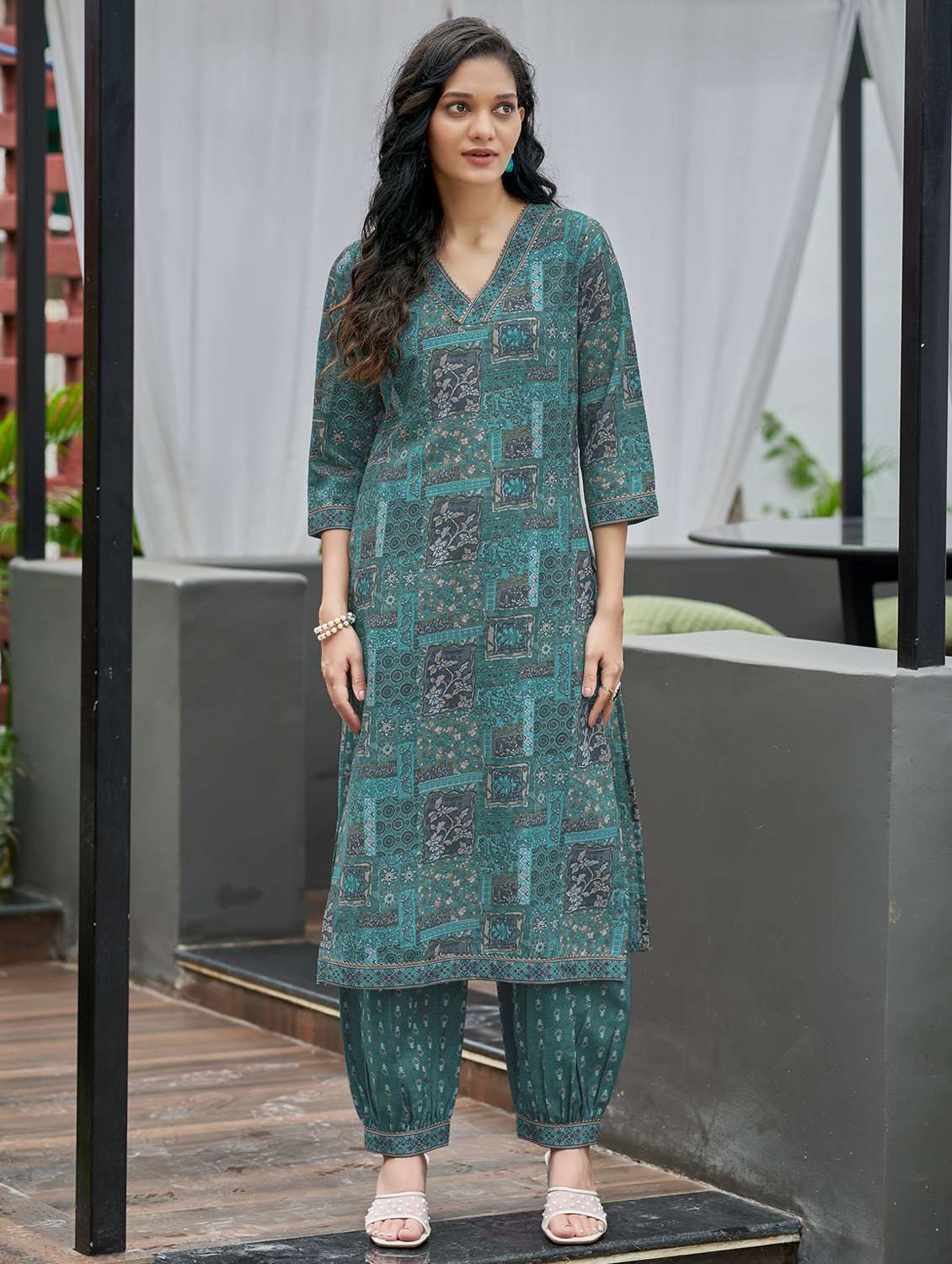 women printed three quarter sleeve kurta and salwar set - 22017848 -  Standard Image - 1