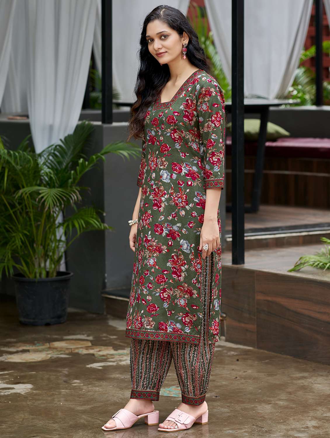 women printed three quarter sleeve kurta and salwar set - 22017849 - Standard Image - 1