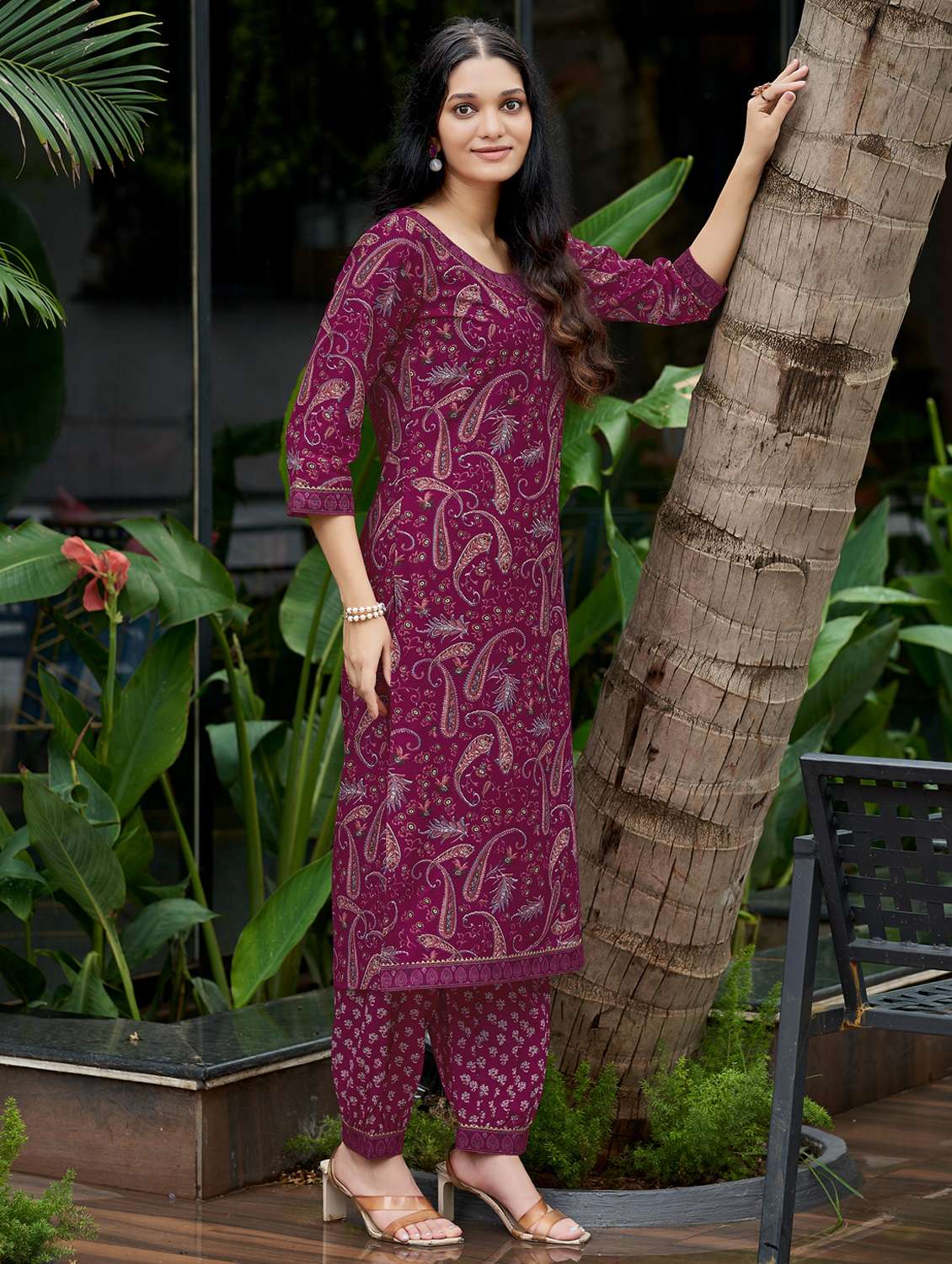 women printed three quarter sleeve kurta and salwar set - 22017850 -  Standard Image - 1