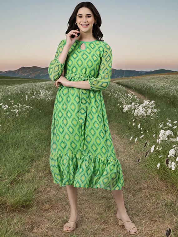 women printed puff sleeve tiered dress - 22017855 - Zoom Image - 0