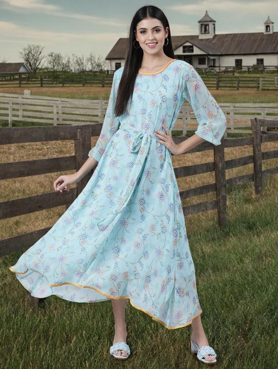 women florl print bell sleeve asymmetric dress - 22017856 - Zoom Image - 0