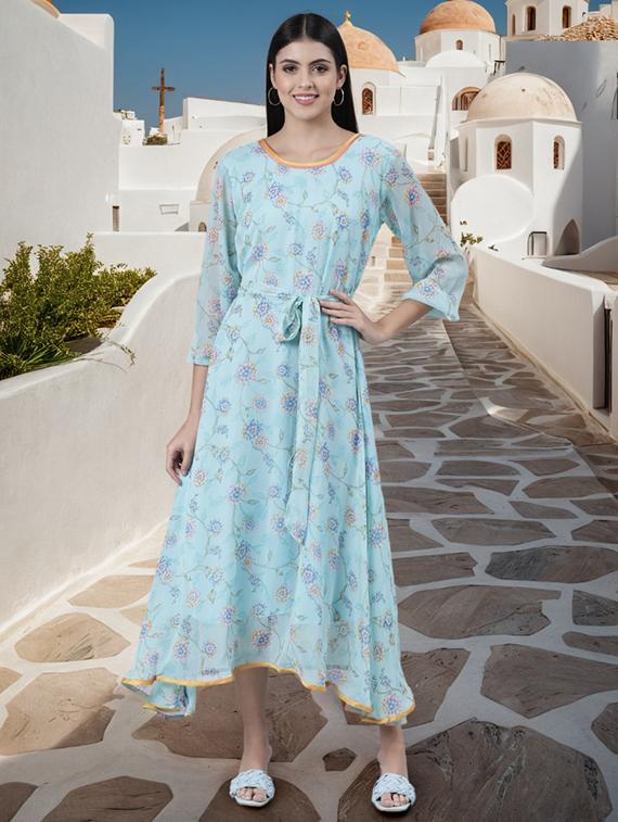women florl print bell sleeve asymmetric dress - 22017856 - Standard Image - 1