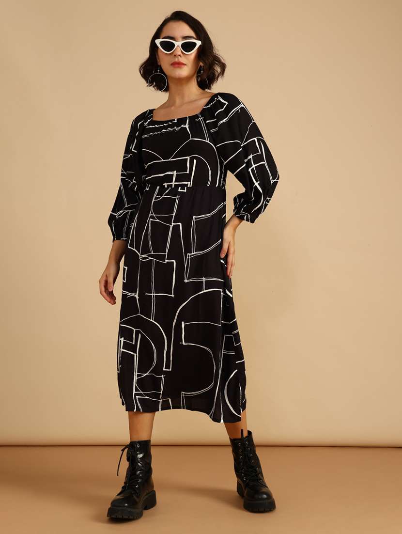 women printed long sleeve a-line dress