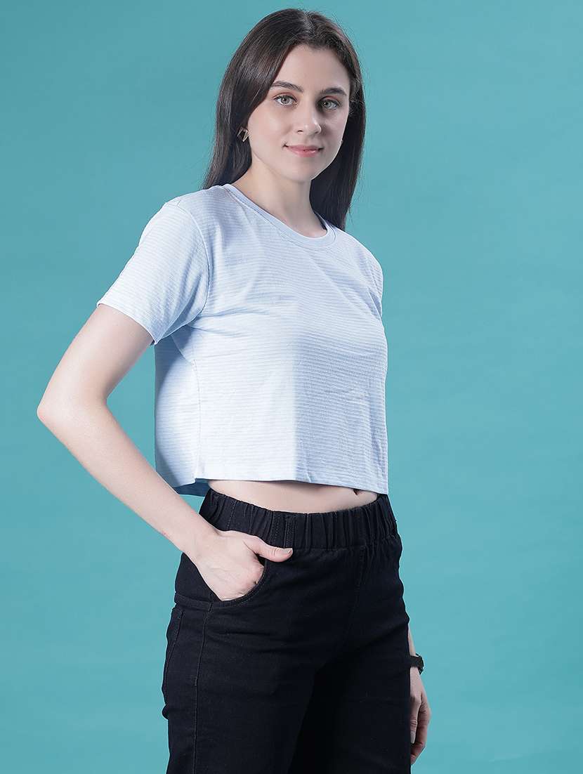 women solid short sleeve crop t-shirt - 22018107 -  Standard Image - 1