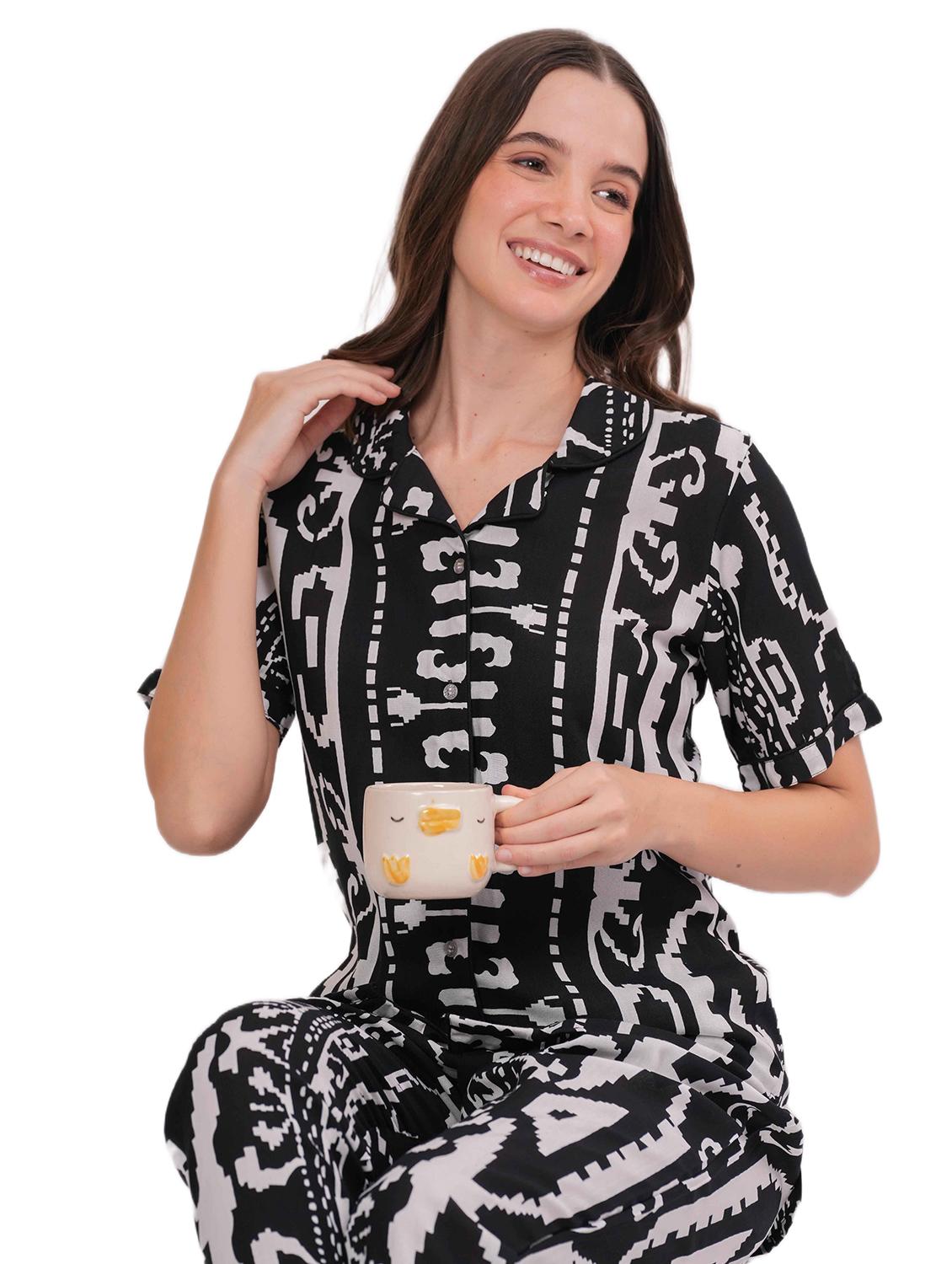 women printed short sleeve nightwear pyjama set - 22018217 - Standard Image - 4