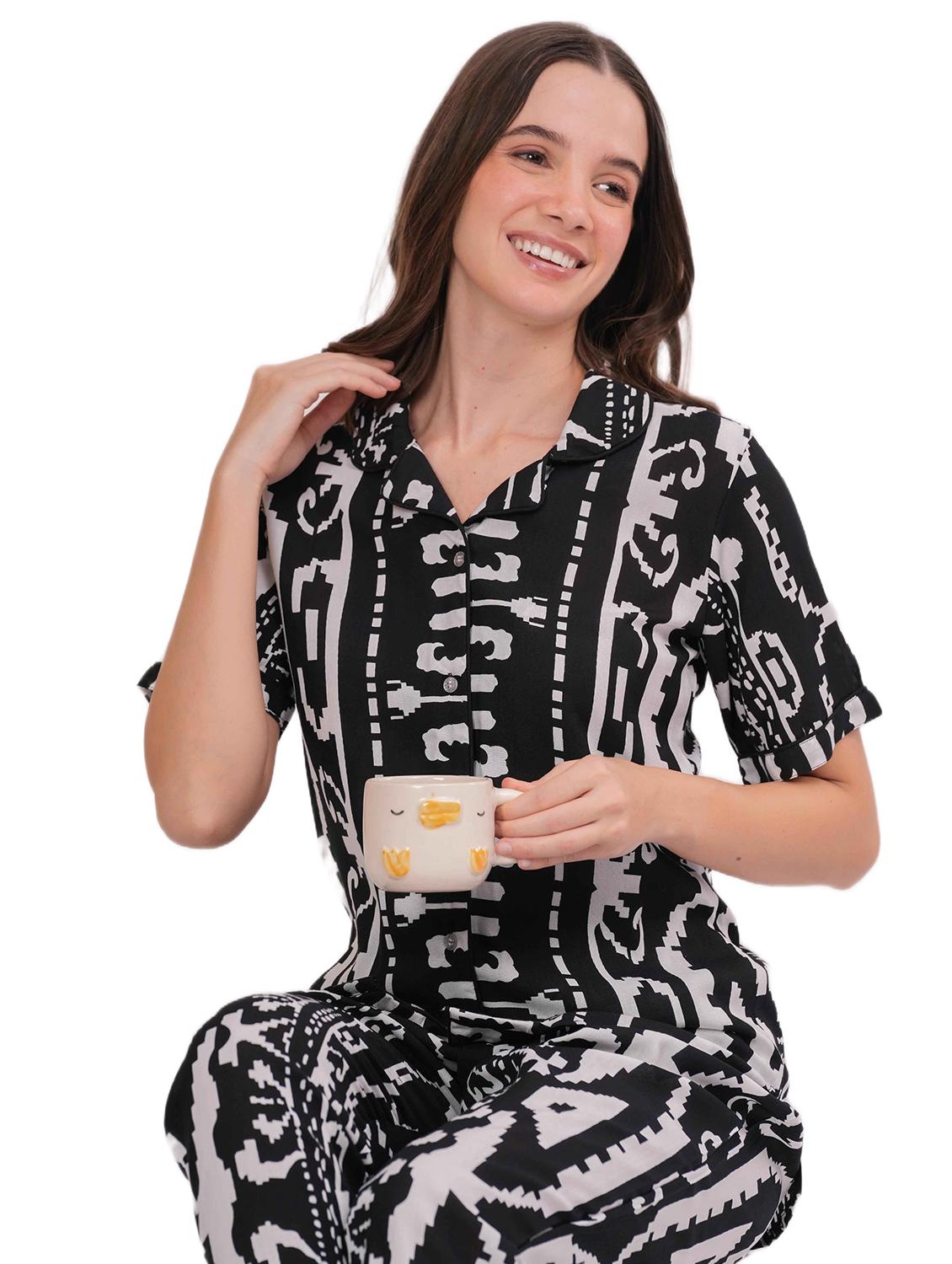 women printed short sleeve nightwear pyjama set - 22018221 - Standard Image - 4