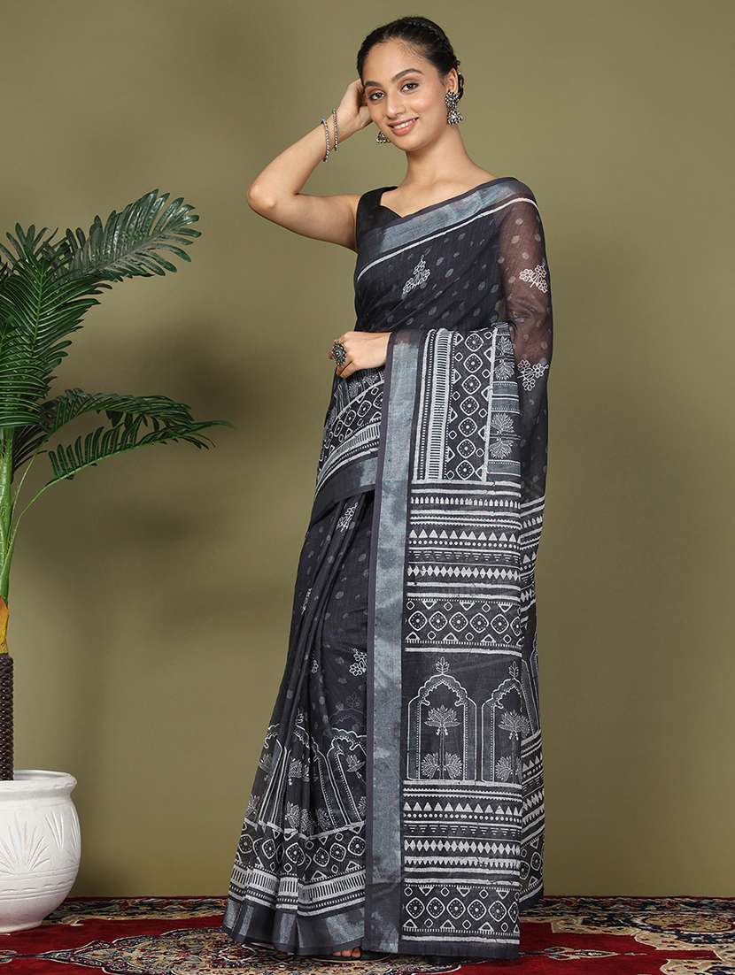 black cotton blend ready to wear saree with blouse - 22018567 -  Standard Image - 1