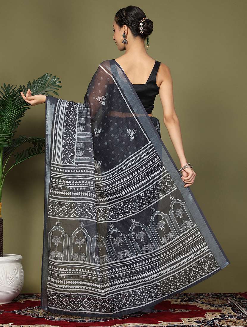black cotton blend ready to wear saree with blouse - 22018567 -  Standard Image - 4