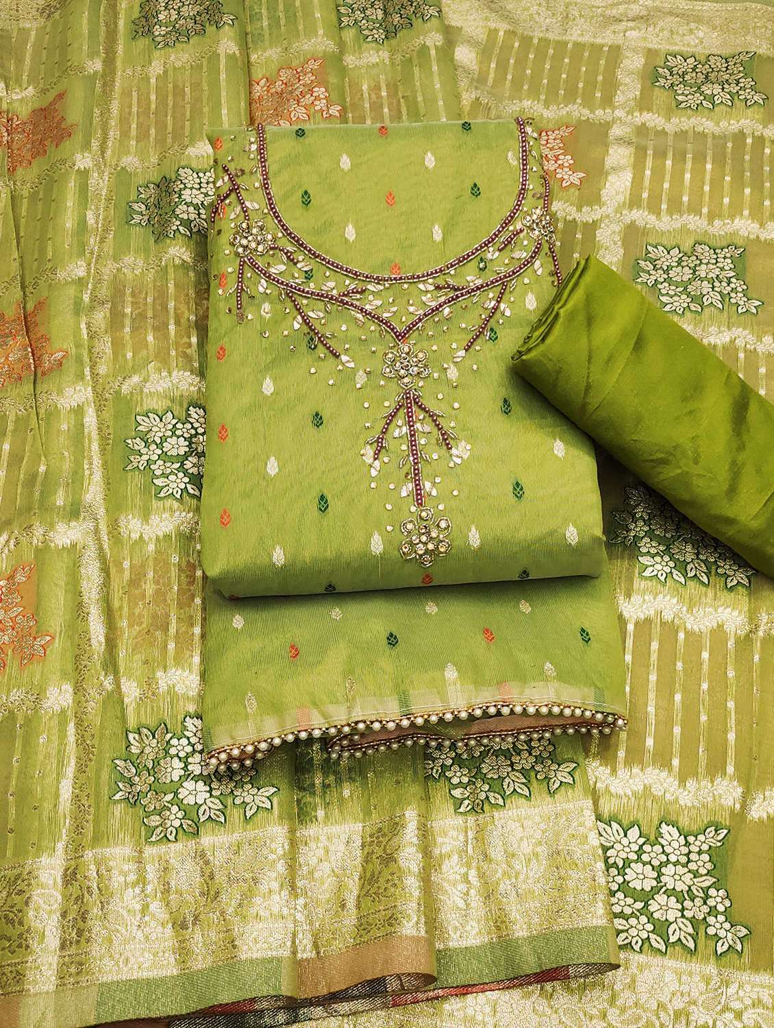 women self design embroidered unstitched suit set