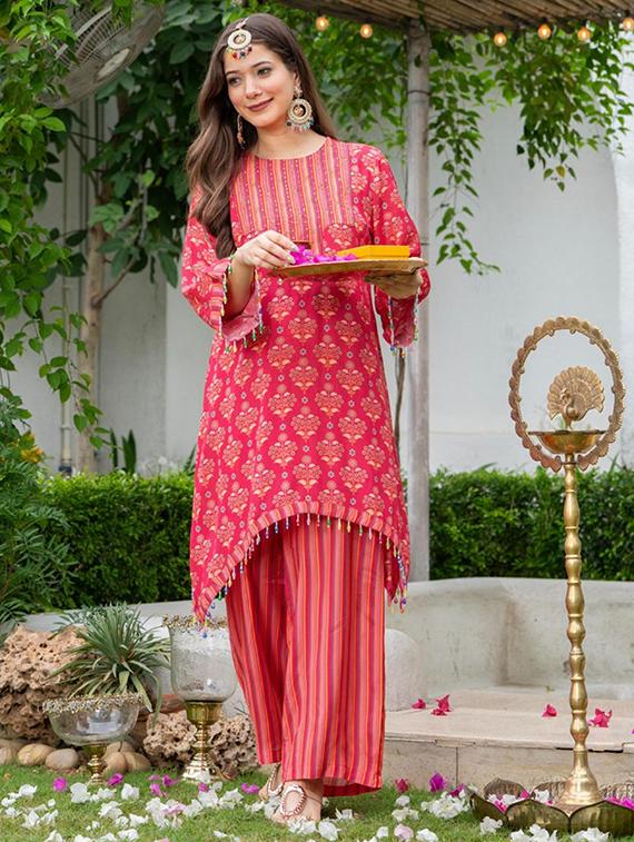 women printed three quarter sleeve kurta palazzo set - 22018880 - Standard Image - 1