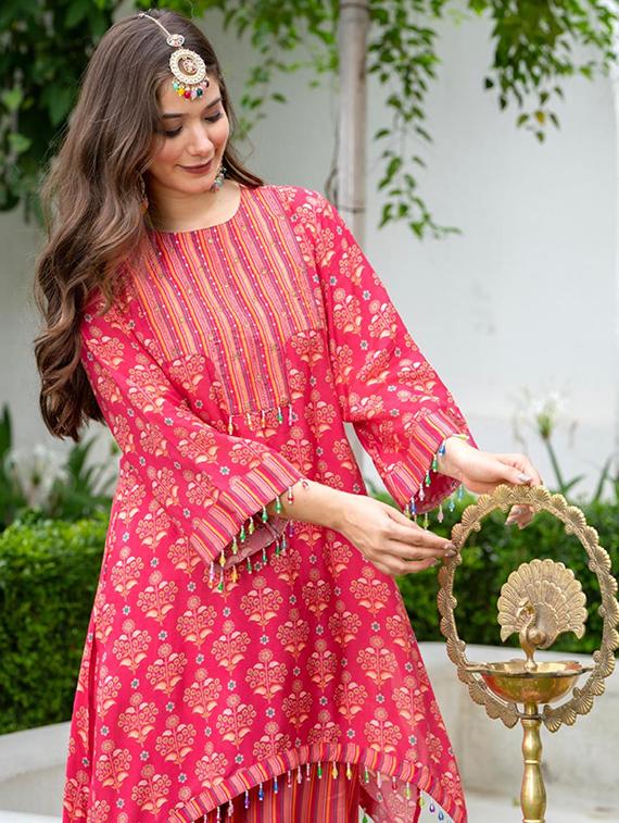 women printed three quarter sleeve kurta palazzo set - 22018880 - Standard Image - 4