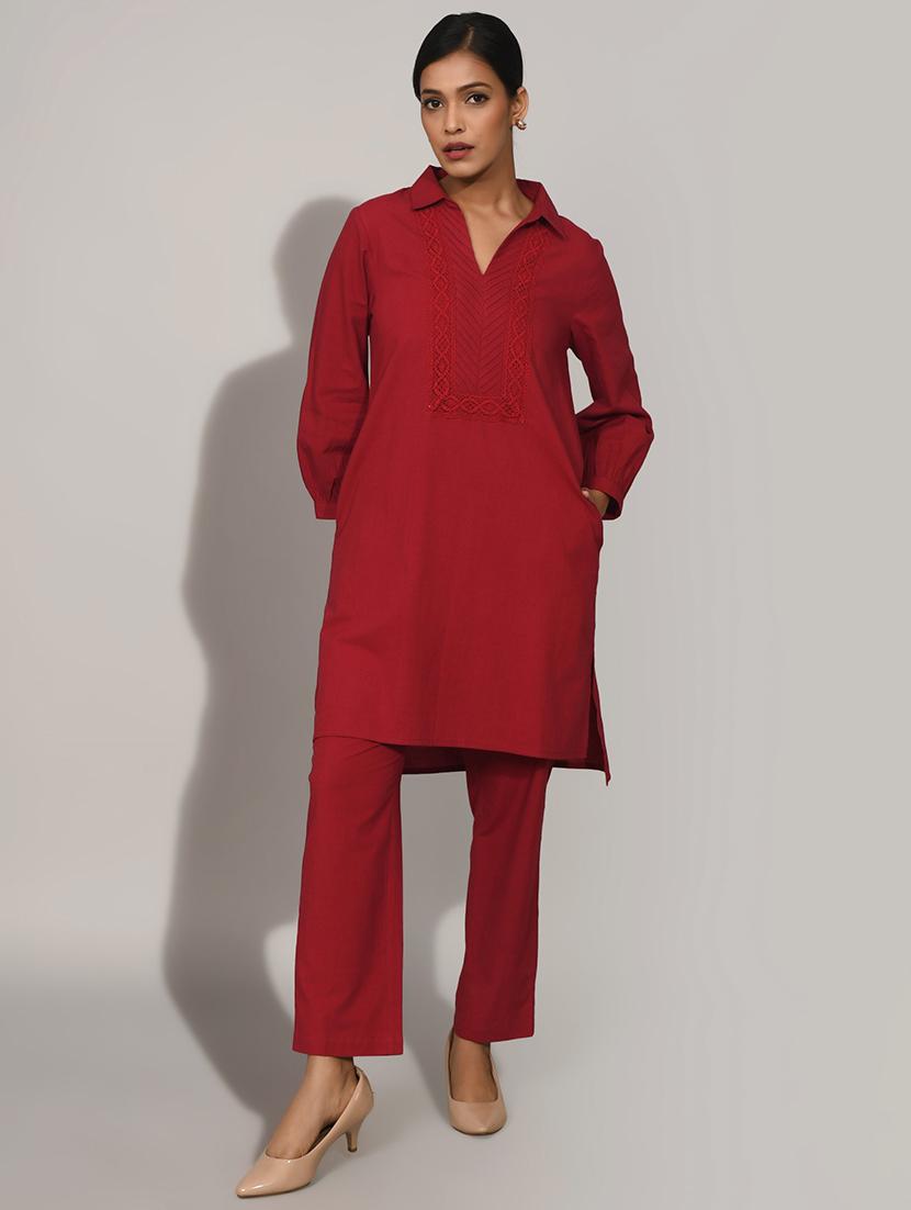 women solid with work long sleeve ethnic co-ord set - 22018895 - Standard Image - 1