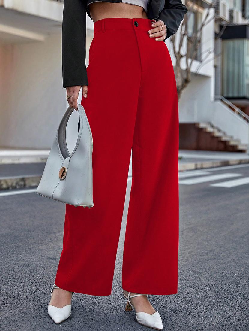 women solid high rise straight trouser - 22018905 -  Standard Image - 1