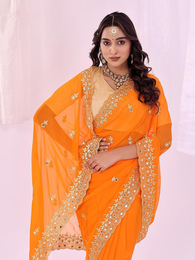 women solid with work embroidered saree with blouse - 22019211 -  Standard Image - 1