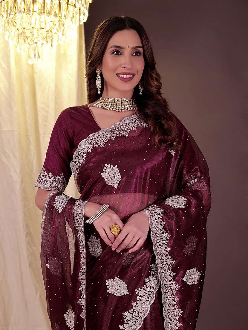 women solid with work embroidered saree with blouse - 22019239 - Standard Image - 1