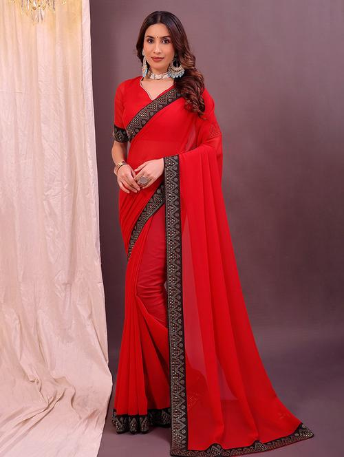 women solid with bordered saree with blouse - 22019241 - Standard Image - 0
