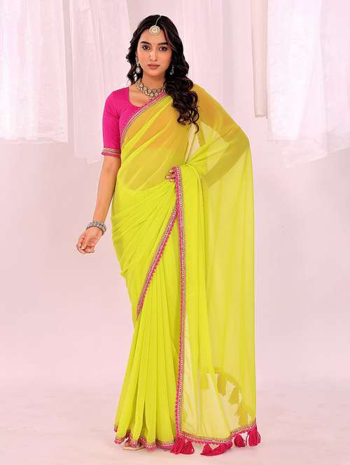 women solid with bordered saree with blouse - 22019259 - Standard Image - 0