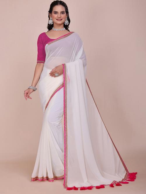 women solid with bordered saree with blouse - 22019262 - Standard Image - 0