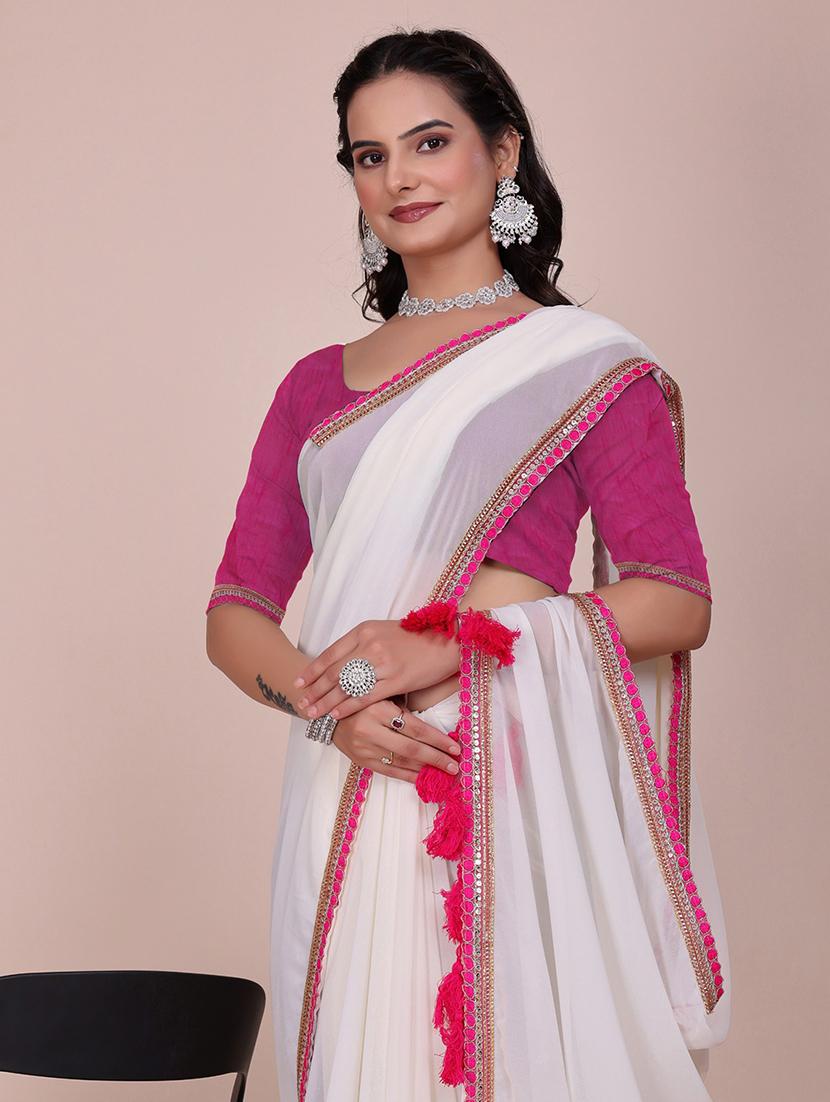 women solid with bordered saree with blouse - 22019262 - Standard Image - 1