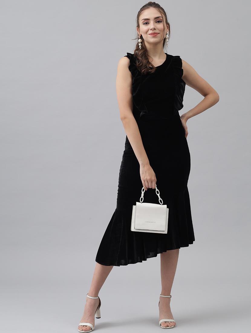 women solid sleeveless velvet tiered dress - 22019313 - Standard Image - 1