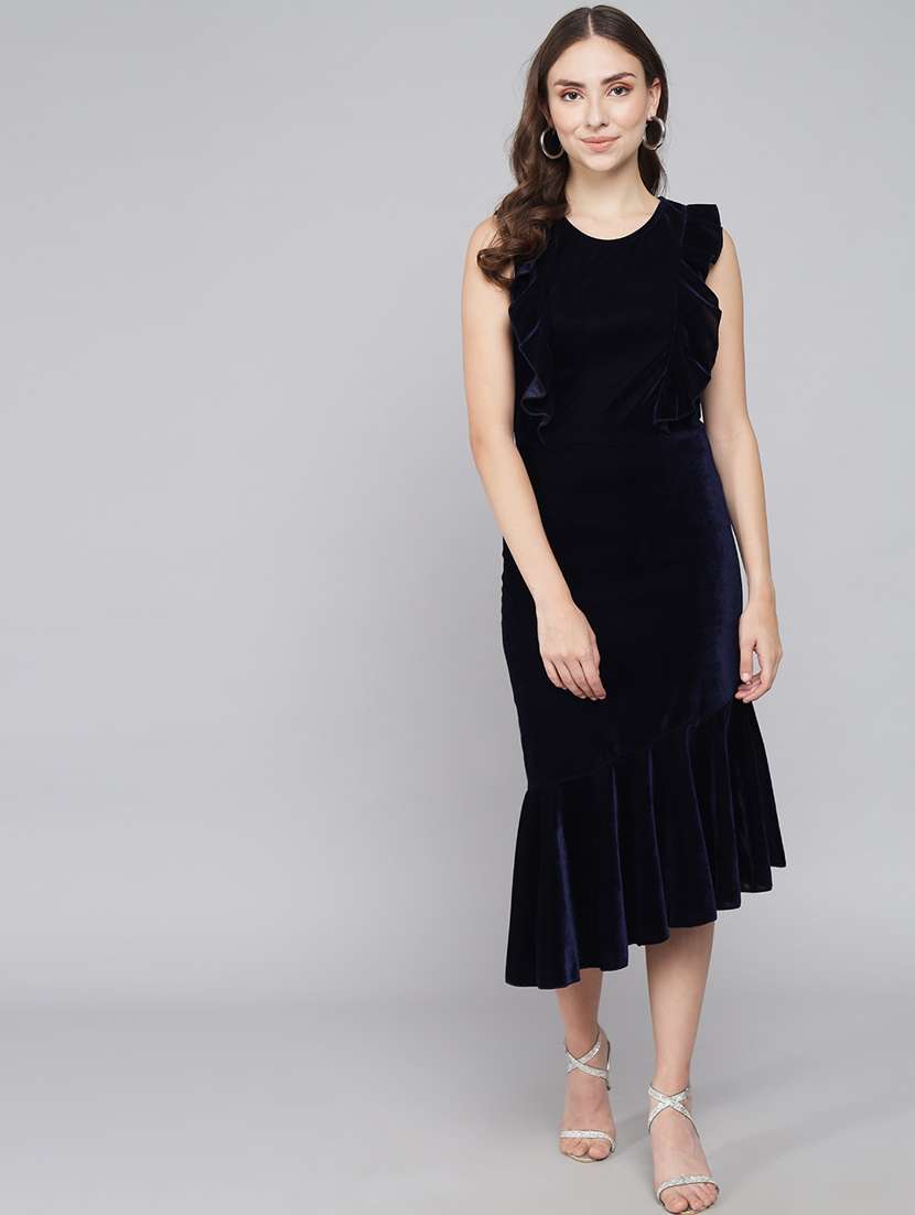 women solid sleeveless velvet tiered dress - 22019315 -  Standard Image - 1