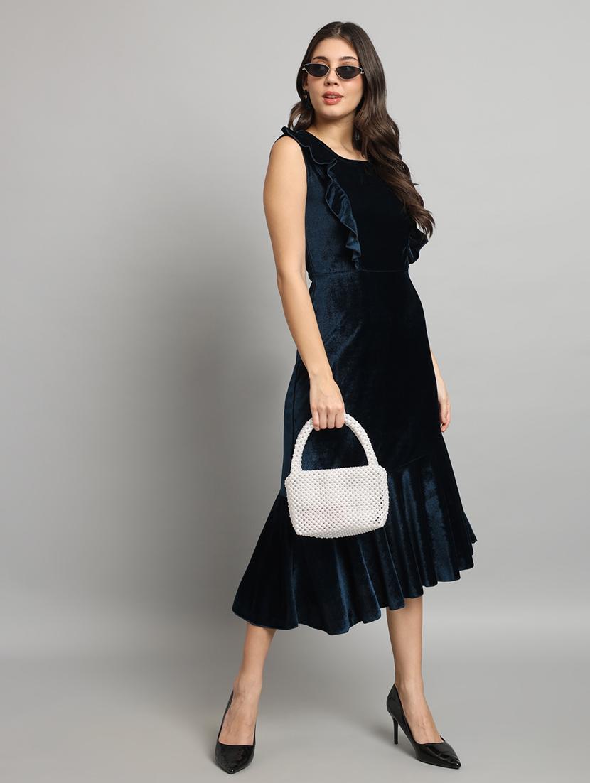 women solid sleeveless velvet tiered dress - 22019316 -  Standard Image - 1