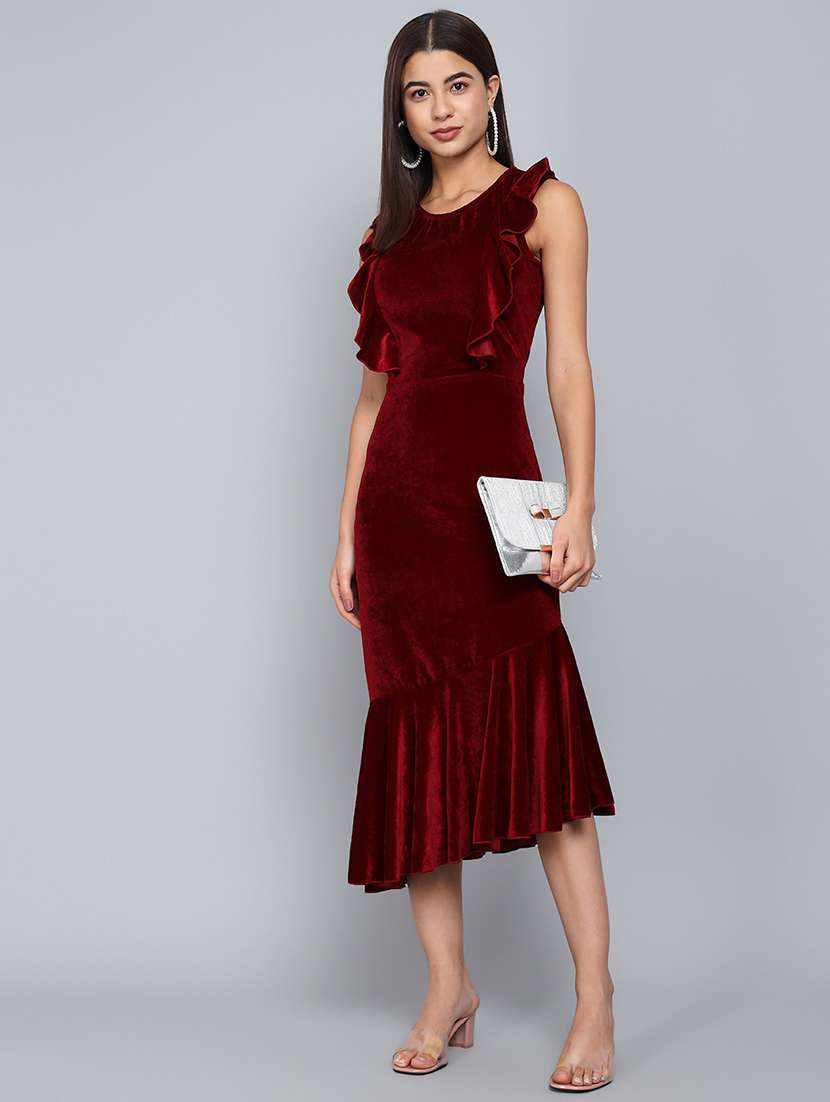 women solid sleeveless velvet tiered dress - 22019318 -  Standard Image - 1