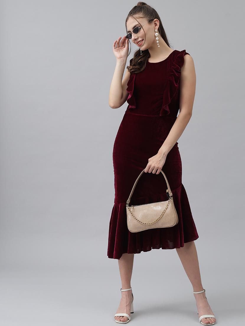women solid sleeveless velvet tiered dress - 22019319 - Standard Image - 1