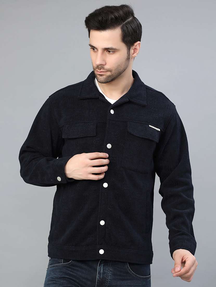 men solid collared long sleeve shacket
