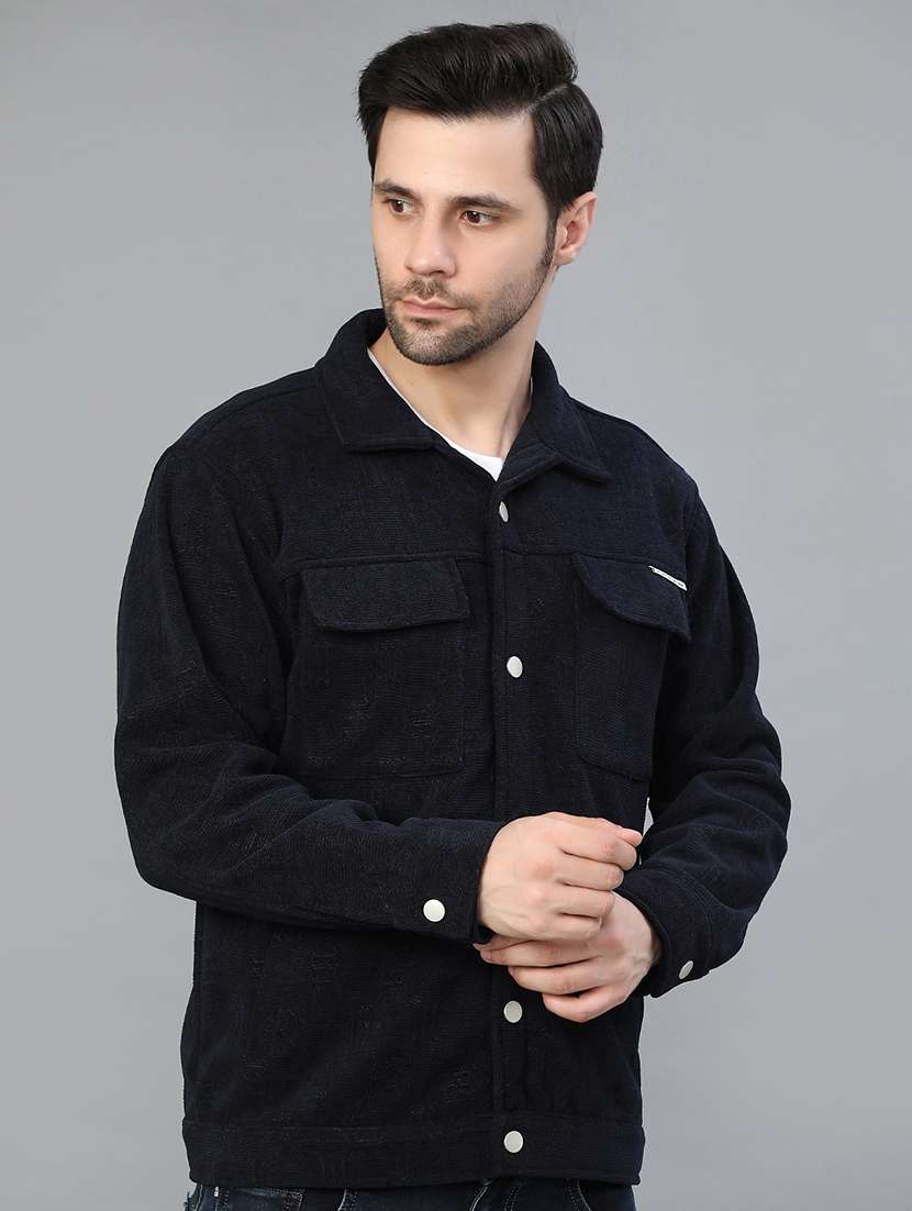 men solid collared long sleeve shacket - 22019451 -  Standard Image - 1