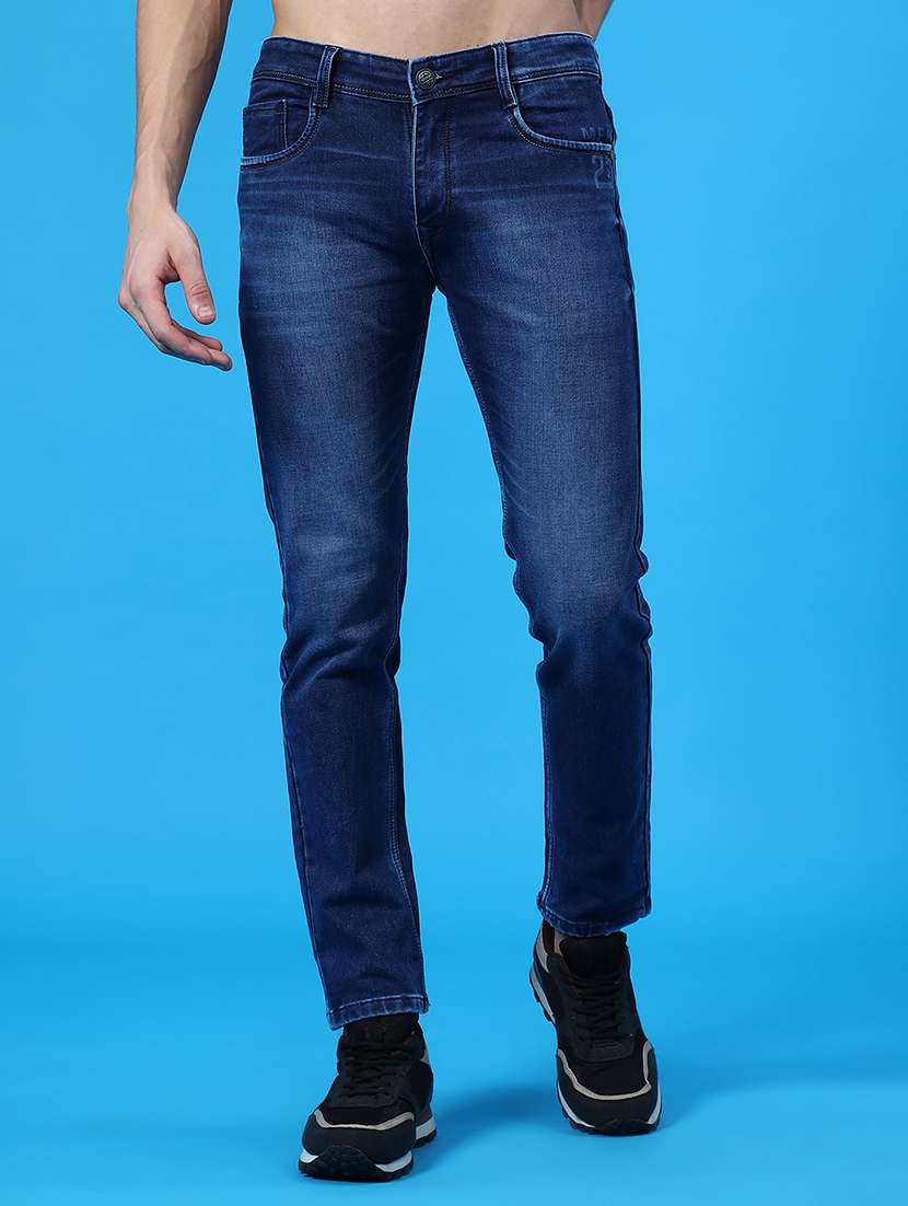 men washed mid rise full length jeans