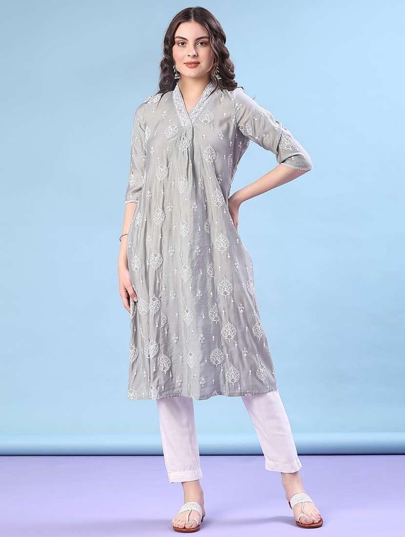 women printed three quarter sleeve a-line kurta - 22019510 -  Standard Image - 1