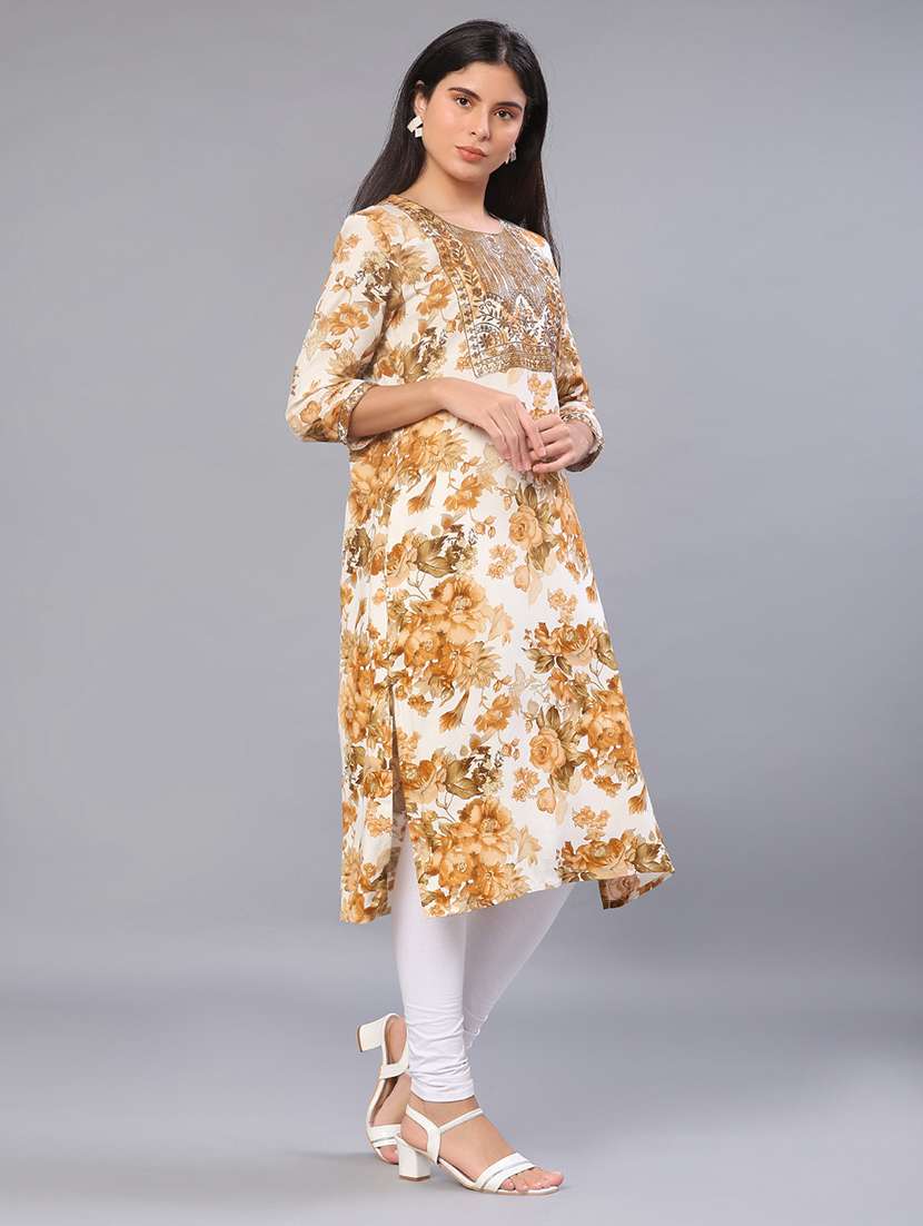 women three quarter sleeve straight kurta - 22019526 -  Standard Image - 1