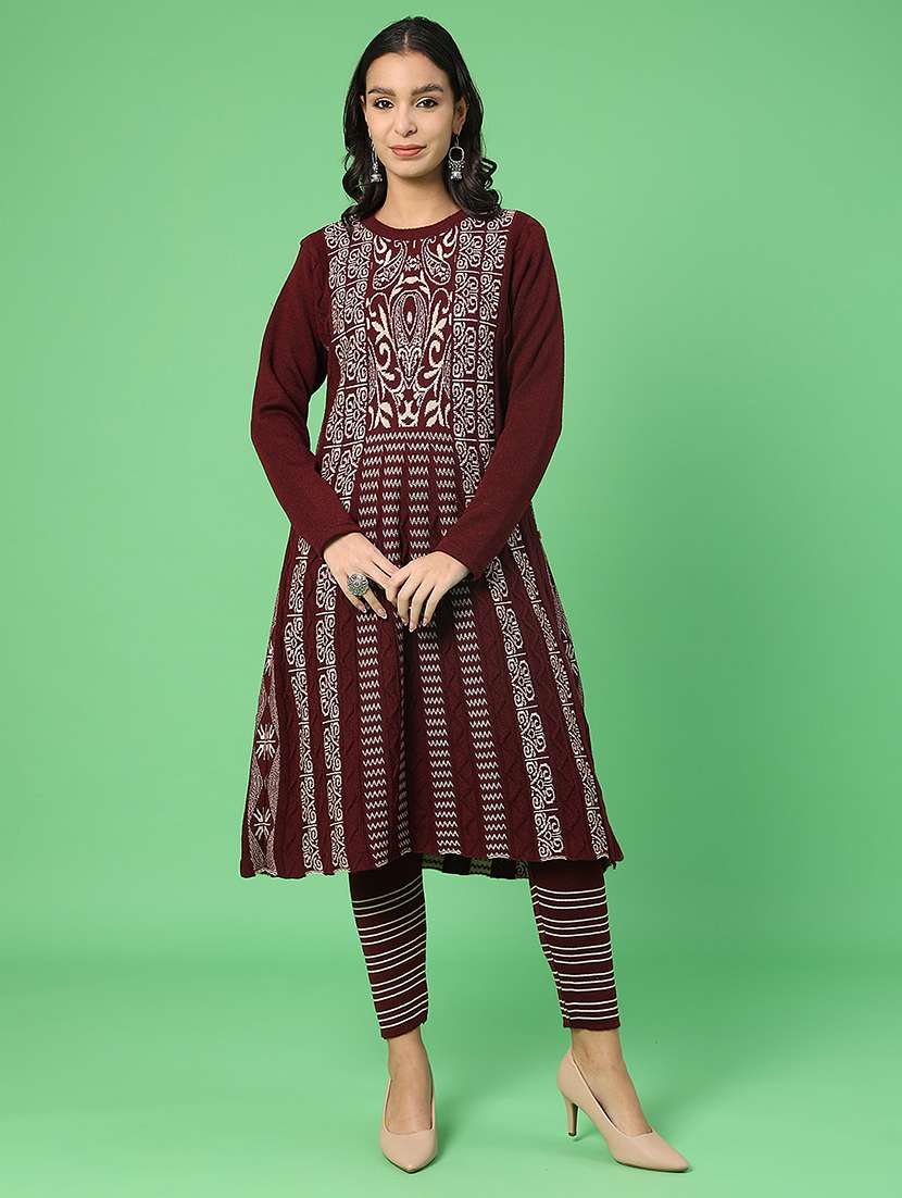 women self designed woolen kurta and pant set - 22019582 -  Standard Image - 1