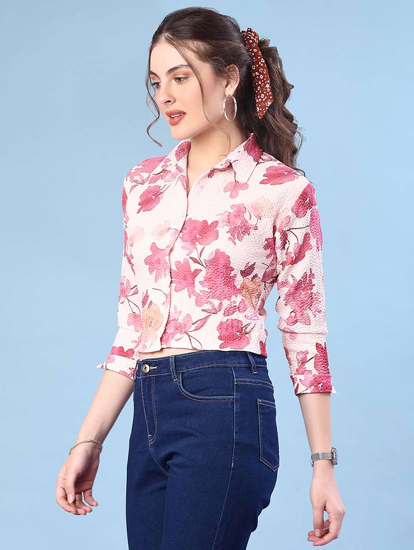 women printed collared three quarter sleeve crop shirt - 22019583 -  Standard Image - 1