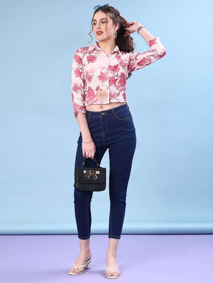 women printed collared three quarter sleeve crop shirt - 22019583 -  Standard Image - 4