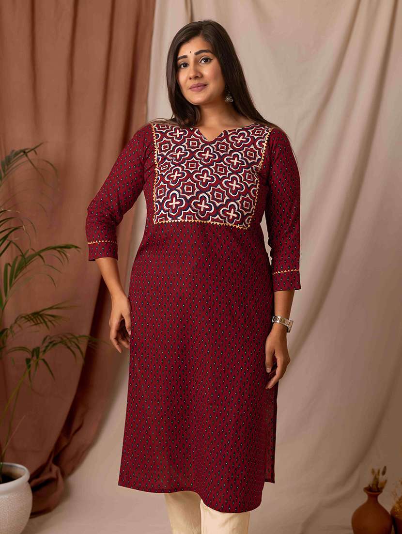 women printed three quarter sleeve straight kurta - 22019993 -  Standard Image - 1