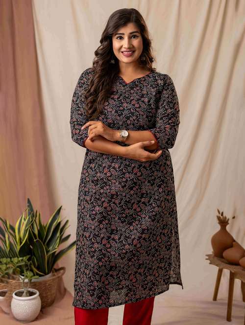 women printed three quarter sleeve straight kurta - 22019998 - Standard Image - 0
