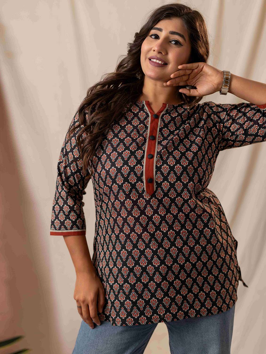women printed three quarter sleeve straight kurta - 22020002 - Zoom Image - 0