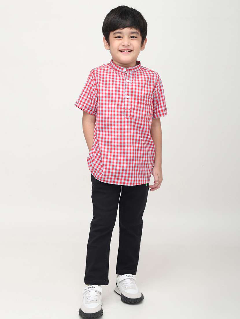 boys checkered mandarin collared short kurta - 22020021 -  Standard Image - 4
